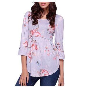 Women's Loose Fit 3/4 Sleeve Uneven Hem Gathered Waist Floral Tunic Blouse Tops